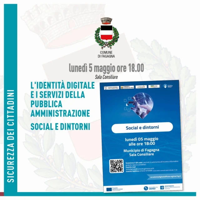 📱L'identità digitale e i servizi della pubblica amministrazione. Social e dintorni💻

📅 Lunedì 5 maggio
⏰ ore 18:00
📍 Sala Consiliare

Vi aspetta un incontro dedicato all'identità digitale, ai social e a ciò che offre la pubblica amministrazione a riguardo.
Per informazioni e prenotazioni: QR Code in foto - aiutodigitale@comune.gemona.ud.it - 0432 970 568