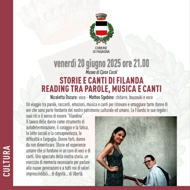 🎤🎼STORIE E CANTI DI FILANDA READING TRA PAROLE, MUSICA E CANTI🎼🎤

📅 venerdì 20 giugno 
⏰ ore 21:00
📍 Museo di Cjase Cocél 
 
Nicoletta Oscuro (voce) e Matteo Sgobino (chitarre, bouzouki e voce) ci porteranno con loro in un viaggio tra parole, racconti, emozioni, musica e canti per ritrovare e omaggiare tante donne di ieri che sono parte fondante del nostro patrimonio culturale ed umano.