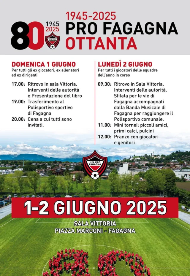 ⚽️80 ANNI DI US PRO FAGAGNA⚽️

📅  Domenica 1 e lunedì 2 giugno
⏰ ore 17:00 la domenica e ore 9:00 il lunedì
📍 Sala Vittoria - Piazza Marconi 28, Fagagna

🎊 Per celebrare 80 anni di @u.s.profagagna, ci saranno due giornate dedicate ad ex giocatori, ex allenatori ed ex dirigenti, senza però escludere i giocatori delle squadre dell'anno in corso.