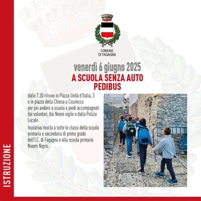 🙅🙆‍♀️A SCUOLA SENZA AUTO: PEDIBUS🙆‍♀️🙅

📅 venerdì 6 giugno
⏰ ritrovo ore 7:30
📍 Piazza Unità d'Italia, 3 e piazza della Chiesa di Ciconicco

I bambini e i ragazzi della scuola primaria e secondaria di primo grado dell'I.C. di Fagagna e della scuola primaria Noemi Nigris sono invitati a partecipare a questa iniziativa per andare a scuola a piedi. Accompagnati da volontari, dai Nonni vigile e dalla Polizia Locale.