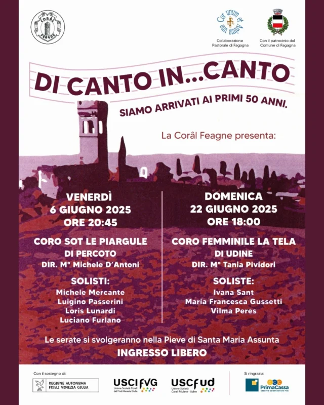 🎤DI CANTO IN...CANTO🎤
50° anniversario della Corâl Feagne

📅 venerdì 6 giugno e domenica 22 giugno
⏰ ore 20:45 il venerdì e ore 18:00 la domenica
📍Pieve di Santa Maria Assunta

La Corâl Feagne festeggia il suo cinquantesimo anniversario in due serate con la partecipazione del coro "Sot le Piargule" di Percoto e del coro femminile "La Tela" di Udine. I direttori sono rispettivamente il Maestro Michele D'Antoni e la Maestra Tania Pividori.