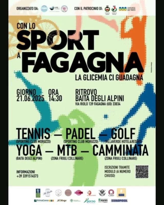 💪CON LO SPORT A FAGAGNA LA GLICEMIA CI GUADAGNA🤸
Una giornata all'insegna dello sport per mantenersi in salute

📅 sabato 21 giugno
⏰ ritrovo ore 14:30
📍 Baita degli Alpini, via Riolo 39 - Fagagna

Le attività praticabili sono:
🎾 Tennis a cura dello Sporting Club Moruzzo
🏓 Padel a cura dello Sporting Club Moruzzo
🏌️‍♀️ Golf a cura del Villaverde Hotel&Resort
🧘 Yoga presso la Baita degli Alpini
🚵‍♂️ Mountain Bike (MTB) nella zona Friuli collinare
🚶‍♀️ Camminata nella zona Friuli collinare

Sarà inoltre possibile partecipare alla cena presso la Baita degli Alpini di Fagagna a termine degli eventi pagando un contributo di 10€ a persona.

Per partecipare è necessario compilare il modulo al seguente link:
https://docs.google.com/forms/d/e/1FAIpQLSeRmKQ0RpTPkVAmnvsGe-g5NqBf5VITrZvKwpRXoaZ5y_iMvQ/viewform

Per maggiori informazioni: 339 1514 573 - rossoelena68@gmail.com