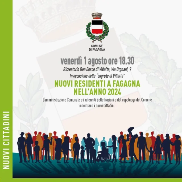 🥳NUOVI RESIDENTI A FAGAGNA💁
Un evento di reciproca conoscenza

📅 venerdì 1 agosto
⏰ ore 18:30
📍 ricreatorio Don Bosco di Villalta, Via Orgnani 9

In occasione della "sagrute di Vilalte" l'amministrazione comunale di Fagagna e i referenti delle frazioni incontrano i nuovi residenti.