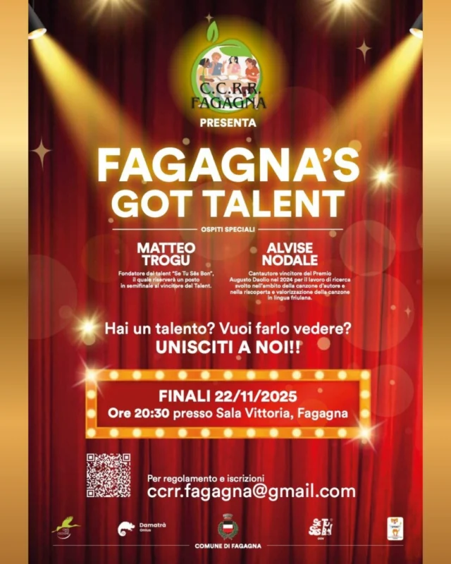 ✨FAGAGNA'S GOT TALENT✨

🏅Possono partecipare tutti i giovani talenti under 18 che hanno la residenza a Fagagna o che frequentano le scuole del Comune.
Le iscrizioni sono aperte fino al 31 ottobre, ad iscrizione effettuata arriverà una mail di conferma con ulteriori indicazioni e il regolamento.

📝Per iscriversi è necessario compilare il modulo al link: https://docs.google.com/forms/d/1DFNMvvXK9DR82AfeFn4GReMRgKjwMbVwgvYxpYg5ijs/viewform (in alternativa bisogna scannerizzare il link). 

Per ulteriori informazioni contattare il CCRR alla mail ccrr.fagagna@gmail.com
