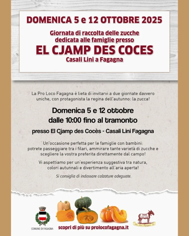 🎃EL CJAMP DES COCES🎃
Raccolta delle zucche dedicata alle famiglie

📅 domenica 5 e domenica 12 ottobre
⏰ dalle 10:00 fino al tramonto
📍 Casali Lini - Fagagna

Occasione perfetta per passeggiare e ammirare le diverse zucche presenti, con la possibilità di scegliere la vostra preferita direttamente dal campo.
È consigliato indossare calzature adeguate.

Per info: prolocofagagna.it oppure info@prolocofagagna.it
@prolocofagagna