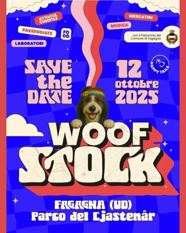 🌈WOOFSTOCK🐶
Festival cino-musicale in un ambiente sicuro e dog-friendly. Ci saranno attività cinofile, mercatini, laboratori e food trucks. 

📅 domenica 12 ottobre
⏰ dalle 07:00 alle 19:00
📍 Parco del Cjastenâr

Si comincia con un concerto acustico, per poi lasciare spazio ad attività cinofile divertenti, laboratori per adulti e bambini, una passeggiata nel cuore di Fagagna, il mercatino Buddy Market.
Nel pomeriggio ci sarà inoltre una conferenza cinofila e concerti in acustico con artisti locali.
Per concludere la serata ci saranno un aperitivo e silent disco con DJ Mill e Toffo Selektah.

L'ingresso è gratuito ma è richiesta una prenotazione su: https://www.eventbrite.it/e/biglietti-woofstock-1361366446689
Per ulteriori informazioni visitare www.woofstock.it o contattare info@happy-tails.it