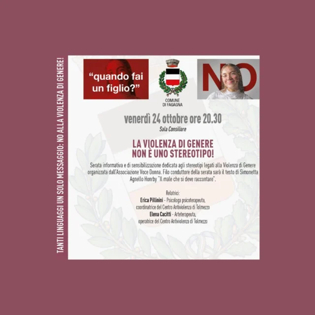 🙅LA VIOLENZA DI GENERE NON È UNO STEREOTIPO🙅‍♀️

📅 venerdì 24 ottobre
⏰ ore 20:30
📍 Sala Consiliare

Serata informativa di sensibilizzazione dedicata agli stereotipi legati alla violenza di genere organizzata dall'Associazione Voce Donna. Il filo conduttore della serata sarà il testo di Simonetta Agnello Honrby "Il male che si deve raccontare".