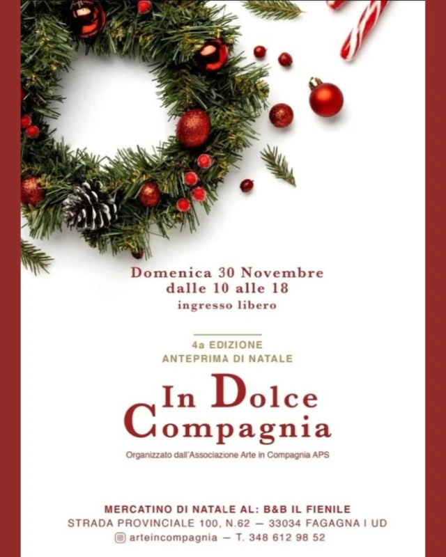 🙋IN DOLCE COMPAGNIA🎁
4° edizione - anteprima di Natale

📅 Domenica 30 novembre
⏰ dalle 10:00 alle 18:00
📍 B&B Il Fienile, Strada provinciale 100, n. 62

Torna l'anteprima di Natale "In Dolce Compagnia"! Gli elfi dell'Associazione Arte in Compagnia APS vi accoglieranno con biscotti, cioccolata calda e brulè. Ci saranno tante creazioni artigianali e prodotti a km0, mentre per i più piccini è stato organizzato un laboratorio creativo del legno, curato da Mariele di @picjots .

Ingresso libero.

Per informazioni: @arteincompagnia - 348 612 9852