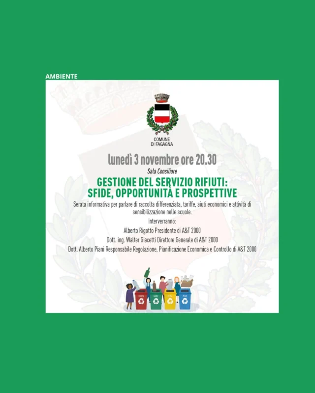 💪NOVEMBRE INDAFFARATO A FAGAGNA😎
Iniziative del Comune di Novembre

🚮 GESTIONE DEL SERVIZIO RIFIUTI: Sfide, opportunità e prospettive
📅 lunedì 3 novembre
⏰ ore 20:30
📍 Sala Consiliare

Serata informativa per parlare di raccolta differenziata, tariffe, aiuti economici e attività di sensibilizzazione nelle scuole.
_____
🤖INTELLIGENZA ARTIFICIALE: istruzioni per l'uso🧠
📅 martedì 4 novembre
⏰ ore 18:30
📍 Sala Consiliare

Incontro per un uso intelligente del digitale.
_____
📚GRUPPO DI LETTURA📚
📅 venerdì 7 novembre
⏰ ore 18:00
📍 Biblioteca civica

Primo incontro di un gruppo dedicato al confronto sulle letture, aperto a tutti e gratuito.
Per informazioni e iscrizioni: biblioteca@comune.fagagna.ud.it / 0432 812 147
_____
🙅STRAPPO ALLA REGOLA🙅‍♂
📅 giovedì 13 novembre
⏰ ore 20:45
📍 Teatro Sala Vittoria

Commedia che tiene il pubblico sospeso tra realtà e fantasia, attraversando con leggerezza anche i nostri peggiori incubi.
_____
📚GLI IRRINUNCIABILI🏞
📅 martedì 18 novembre
⏰ ore 18:00
📍 Biblioteca civica

Presentazione di una selezione di libri illustrati per bambini, con spiegazione del perché sono stati scelti.
_____
📖ORA DELLE STORIE🧒
📅 giovedì 20 novembre
⏰ ore 17:00
📍 Biblioteca civica

Storie dedicate ai bambini dai 3 ai 7 anni con le loro famiglie.
_____
✨FAGAGNA'S GOT TALENT✨
📅 sabato 22 novembre
⏰ ore 20:30
📍 Teatro Sala Vittoria

Il primo talent show di Fagagna ideato e organizzato dal Consiglio Comunale dei Ragazzi e delle Ragazze.
Per informazioni: ccrr.fagagna@gmail.com 
_____
🎭ARTICOLI PER SIGNORE👩‍🦰
📅 sabato 29 novembre
⏰ ore 20:45
📍 Teatro Sala Vittoria

Viaggio ironico nel mondo delle donne attraverso le parole dei giornalisti (uomini) degli ultimi cento anni.
_____
🎄NATALE CON UN LIBRO📕
📅 domenica 30 novembre
⏰ ore 10:00
📍 vie del centro di Fagagna

Mercatino del libro usato, letture, spettacoli, laboratori.
_____
🎤THE NUVOICES PROJECT IN CONCERTO🎶
📅 domenica 30 novembre
⏰ ore 18:00
📍 Teatro Sala Vittoria

Viaggio nell'atmosfera afroamericana attraverso una raccolta di brani gospel tradizionali e contemporanei.
_____
Per ulteriori informazioni: https://comunicacity.net/fagagna/ - https://www.comune.fagagna.ud.it/