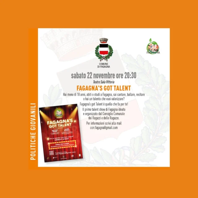 ✨FAGAGNA'S GOT TALENT✨

📅 sabato 22 novembre
⏰ ore 20:30
📍 Teatro Sala Vittoria

Il primo talent show di Fagagna ideato e organizzato dal Consiglio Comunale dei Ragazzi e delle Ragazze.
Per informazioni: ccrr.fagagna@gmail.com