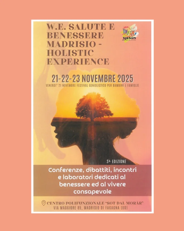 🪶Salute e Benessere Madrisio
HOLISTIC EXPERIENCE 🍃

📅 da venerdì 21 a domenica 23 novembre
📍 Centro polifunzionale "Sot dal Morâr" di Madrisio

Un intero weekend dedicato al relax e al benessere dedicato a bambini e famiglie, con eventi, laboratori esperienziali e conferenze, pensato per promuovere l'armonia tra corpo, mente e spirito. 

ℹ️ Il tutto si svolgerà al coperto in spazi adeguati e a ampi. Contributo di partecipazione libero e consapevole.

PER INFO: 📧 holisticmadrisio@gmail.com

@sot.dal.morar | @ass.genia