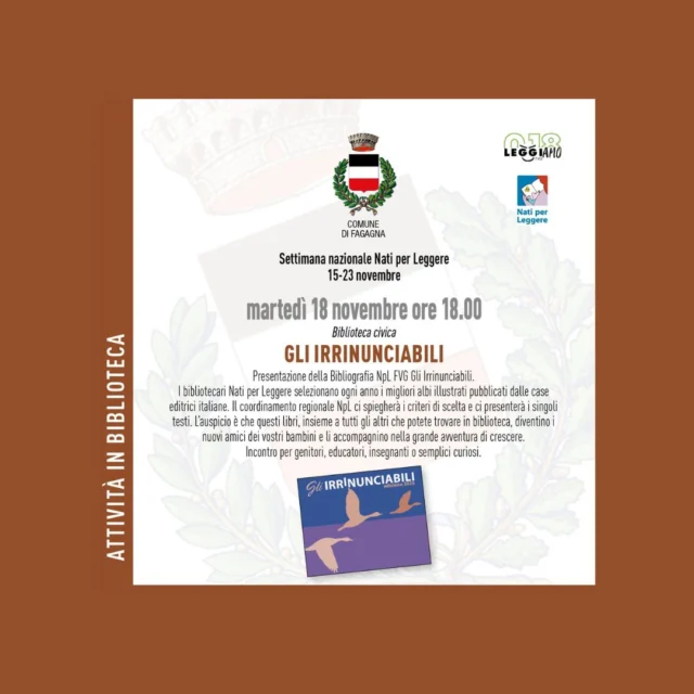 📚GLI IRRINUNCIABILI🏞

📅 martedì 18 novembre
⏰ ore 18:00
📍 Biblioteca civica

Presentazione di una selezione di libri illustrati per bambini, con spiegazione del perché sono stati scelti.

Per ulteriori informazioni: https://comunicacity.net/fagagna/ - https://www.comune.fagagna.ud.it/