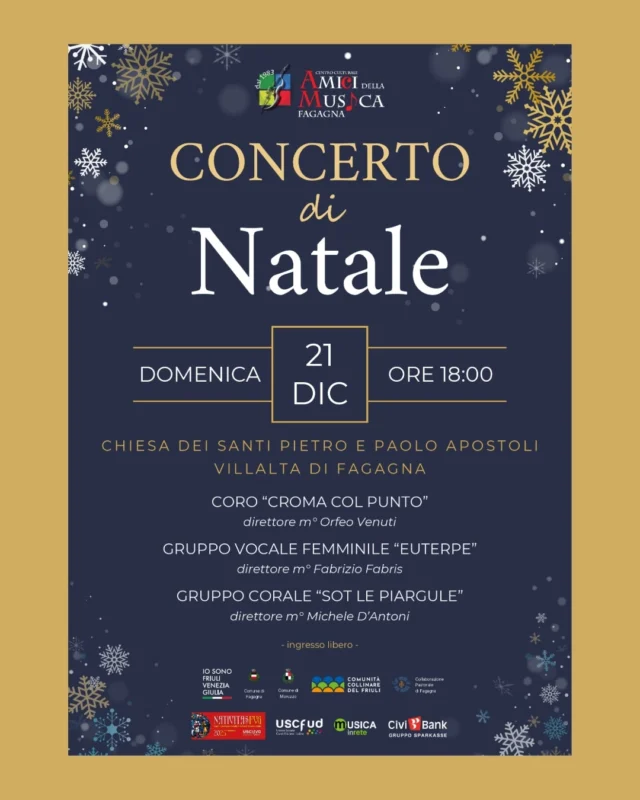 Domenica 21 dicembre alle ore 18.00 nella chiesa parrocchiale di Villalta si terrà il Concerto di Natale organizzato da @amici_musica . Questo appuntamento corale si inserisce nel cartellone "Nativitas FVG 2025, canti e tradizioni natalizie in Friuli Venezia Giulia", un progetto di USCI FVG giunto alla sua 25a edizione.

Il coro Croma col Punto aprirà il concerto con alcuni suggestivi brani di John Rutter, Ola Gjeilo e Halmos Lazlo.

A seguire, graditi ospiti, si esibiranno il Gruppo corale femminile Euterpe di Gradisca di Sedegliano, diretto dal m° Fabrizio Fabris e il Gruppo corale Sot le Piargule di Percoto, diretto dal m° Michele D'Antoni: in programma brani di  Sally De For, M. Leontovich, A. Adam, R.A. Anderson, David Maria Turoldo, Marco Maiero, Bepi de Marzi, Gabriele Saro.

I sentimenti di calore, pace e amicizia creati dalle musiche e dai canti tipicamente natalizi troveranno naturale compimento nel finale, con i cori riuniti ad augurare gioia e serenità a tutto il pubblico.

Ingresso libero 🎶