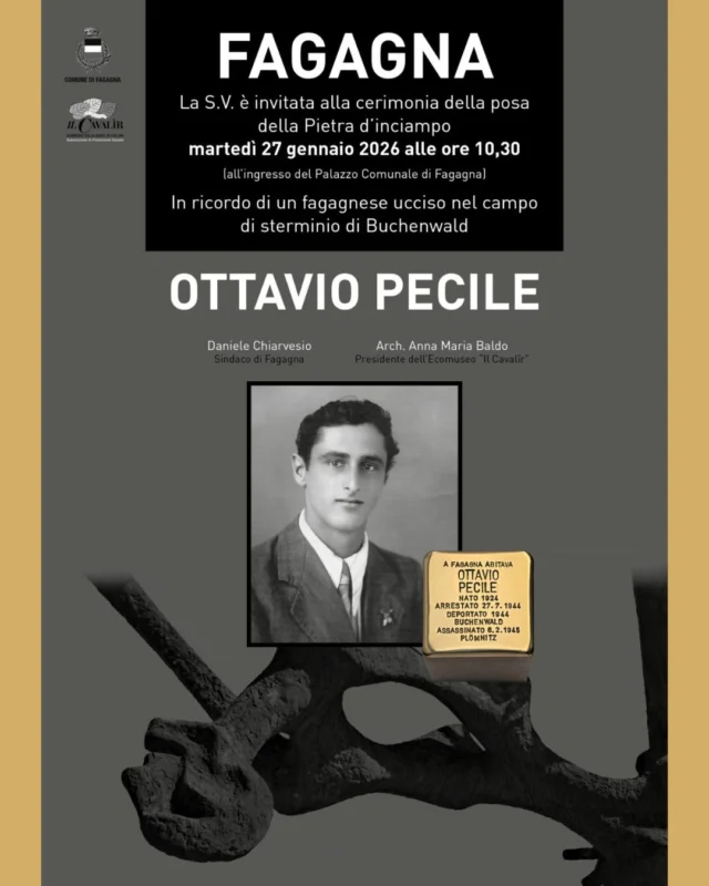 🟨Posa della Pietra d’inciampo di Ottavio Pecile🟨

📅 martedì 27 gennaio
⏰ ore 10:30
📍 ingresso del Palazzo Municipale

In occasione della Giornata della Memoria, all’ingresso del Palazzo Municipale si terrà la cerimonia della posa della pietra d’inciampo in memoria di Ottavio Pecile, fagagnese ucciso nel campo di sterminio di Buchenwald.

Tutta la cittadinanza è invitata a partecipare.