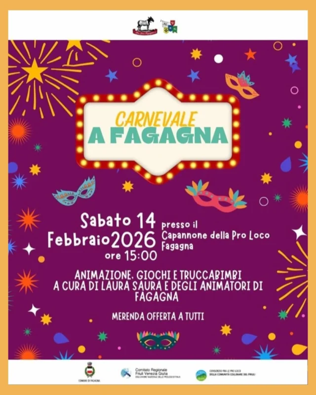 🎊CARNEVALE A FAGAGNA🥳

📅 sabato 14 febbraio
⏰ ore 15:00
📍 capannone della Pro Loco - Fagagna

Giochi, animazione e truccabimbi a cura di Laura Saura e degli animatori di Fagagna.
Merenda offerta a tutti (anche a chi non viene in maschera 👀).