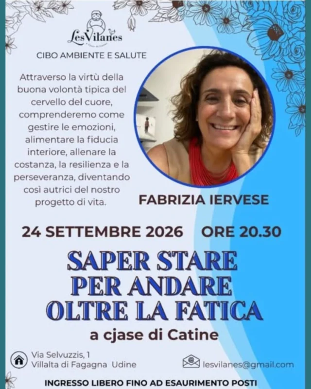 🧘🏼‍♂️ SAPER STARE PER ANDARE OLTRE LA FATICA 😤

Durante la conferenza la sociologa e counselor Fabrizia Iervese guiderà alla scoperta di alcune pratiche utili per risvegliare la creatività e andare oltre la semplice intenzione.

📅 giovedì 24 settembre 
⏰ ore 20:30
📍 Cjase di Catine, via Selvuzzis 1 - Villalta di Fagagna

Ingresso libero fino ad esaurimento posti.
Per info: lesvilanes@gmail.com
