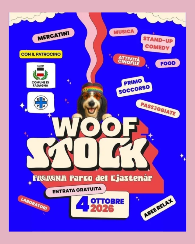 🌈 WOOFSTOCK 🐶

Festival cino-musicale in un ambiente sicuro e dog-friendly. Ci saranno attività cinofile, mercatini, laboratori e food trucks.

📅 domenica 4 ottobre
⏰ dalle 09:00 alle 19:00
📍 Parco del Cjastenâr - Fagagna (evento si terrà anche in caso di maltempo)
_____

🖊️ Programma 🖊️

🐕‍🦺 Passeggiata a Fagagna - primo turno
⏰ ore 09:30

Passeggiata per scoprire il paese insieme al proprio cane e vivere l’atmosfera di WoofStock. Per accedere alla prenotazione della passeggiata è necessario essere già iscritti all’evento.
_____

🧒 Bambini&Cani: impariamo a conoscerci
⏰ ore 10:00

Incontro per imparare a conoscere il linguaggio del cane e scoprire come avvicinarsi e interagire con rispetto dei suoi spazi e dei suoi segnali.
_____

🐕‍🦺 Passeggiata a Fagagna - secondo turno
⏰ ore 10:45

Passeggiata per scoprire il paese insieme al proprio cane e vivere l’atmosfera di WoofStock. Per accedere alla prenotazione della passeggiata è necessario essere già iscritti all’evento.
_____

🐶 Shiatsu per cani. Introduzione al benessere
⏰ ore 11:00

Occasione per conoscere la pratica dello shiatsu per contribuire al benessere del cane.
_____

🆘 Primo soccorso per cani
⏰ ore 12:00

Cosa fare e non fare quando il cane ha bisogno di aiuto
_____

🎶 Mocked Monkey. Concerto unplugged
⏰ ore 13:00
_____

🎶 Nikulele. Menestrello cantautore
⏰ ore 14:00
_____

🎤 Marina Minetti. Stand up comedy
⏰ ore 15:00
_____

🎶 Caterina Cropelli. Concerto unplugged
⏰ ore 16:00
_____

🎶 The leading guy. Concerto unplugged
⏰ ore 17:00
_____

🎧 Silent disco
⏰ ore 18:00
_____

🙋🏼 Saluti finali
⏰ ore 19:00
_____

Evento gratuito, prenotazione necessaria tramite il sito web Eventbrite
Per info: info@happy-tails.it | 392 763 7108 | @woofstock.it