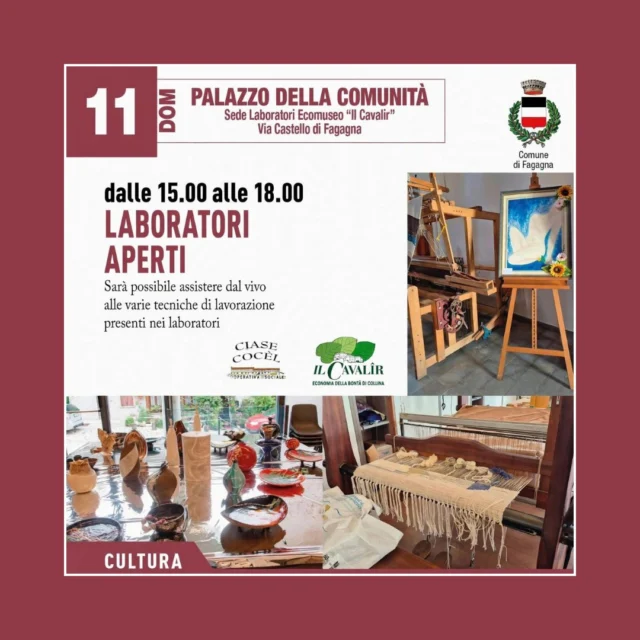 🔎 LABORATORI APERTI 🤔

📅 domenica 11 ottobre
⏰ dalle 15:00 alle 18:00
📍 Palazzo della Comunità, sede laboratori Ecomuseo "Il Cavalîr" - Via Castello di Fagagna

Grazie a questa iniziativa sarà possibile assistere dal vivo alle varie tecniche di lavorazione presenti nei laboratori.

@collinarefvg