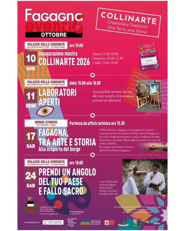 🎨 COLLINARTE 🌳

🍃 Quando l’Arte e la Creatività incontrano una Terra e le sue Tradizioni raccontano una Storia.

Quattro appuntamenti, che coinvolgeranno Fagagna durante il mese di ottobre, dedicati a valorizzare il talento degli artisti locali, dando spazio a diverse forme di espressione. 

🖼️ Sabato 10 verrà inaugurata la mostra presso il Palazzo della Comunità e sarà visitabile fino al 25 ottobre.

🖌️ Domenica 11 con l’iniziativa Laboratori Aperti sarà possibile assistere dal vivo alle varie tecniche di lavorazione presenti nei laboratori.

🥾 Sabato 17 verrà organizzata una passeggiata alla scoperta del borgo storico di Fagagna, attraverso vie, scorci e luoghi che raccontano la storia e le tradizioni del paese.

🎭 Sabato 24 ci sarà un’esibizione a cura di Kalā Teatro.

Per ulteriori informazioni visitare il sito web del Comune di Fagagna o contattare lo 0432 812 128

@collinarefvg