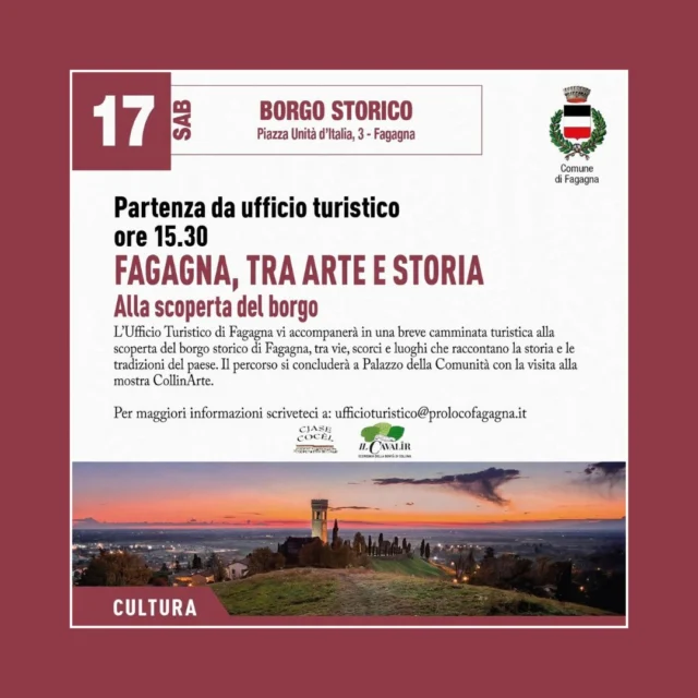 🖌 FAGAGNA, TRA ARTE E STORIA 📖
Alla scoperta del borgo

📅 sabato 17 ottobre
⏰ partenza alle 15:30
📍 partenza dall'Ufficio Turistico

Una passeggiata alla scoperta del borgo storico di Fagagna, attraverso vie, scorci e luoghi che raccontano la storia e le tradizioni del paese.

Il percorso si concluderà a Palazzo della Comunità con la visita alla mostra CollinArte.

Per maggiori informazioni: ufficioturistico@prolocofagagna.it

@collinarefvg